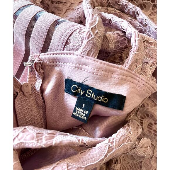City Studio DRESS Womens 1 Blush Pink Lace Zip Halter Mini Fit Flare Mob Wife - Picture 5 of 10